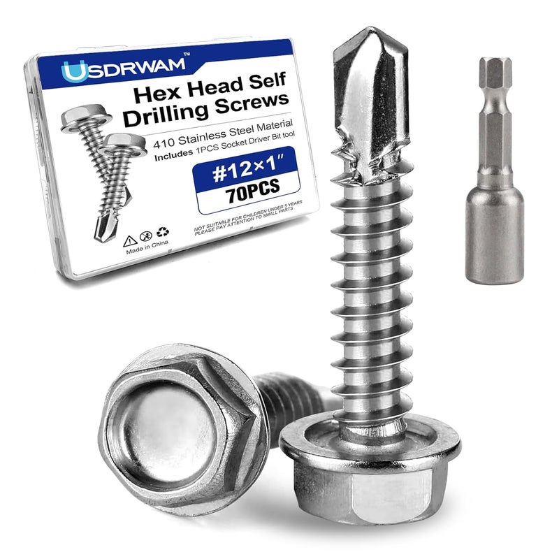 Usdrwam 70Pcs #12×1" Self Tapping Screws for Metal, 410 Stainless Steel Hex Washer Head Sheet Metal Screw - Image 1